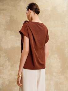 EMERY ROSE 女士梭织面料，褶皱领口，肩部打结设计，日常通勤，精致复古时尚，优雅气质 复古女装，复古女装，教师衬衫，教师衬衫，红棕色上衣 - 棕色 - 查看 3