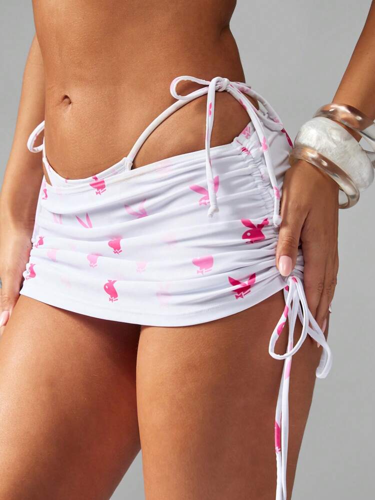 Missguided x Playboy Beach Cover Up Skirt Mini Sarong Drawstring Side Ruched Bunny Print Swim Skirt Holiday Beachwear Pool Party Festival Summer Vacation Swimwear