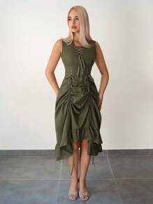 Sweetina 女士慕尼黑啤酒节无袖抽绳蝴蝶结腰部中长连衣裙 - 白色 - 查看 12