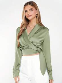 BizChic Women's V-Neck Long Sleeve Cropped Shirt With Knot Hem, Casual Urban Commuter Basic Minimalist Elegant Chic Business Casual Outfit, Suitable For Teachers And Office Wear, Autumn