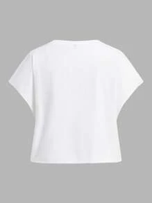 SHEIN EZwear Plus Size Knit Short Sleeve T-Shirt With Eagle & Letter Print - White - View 2