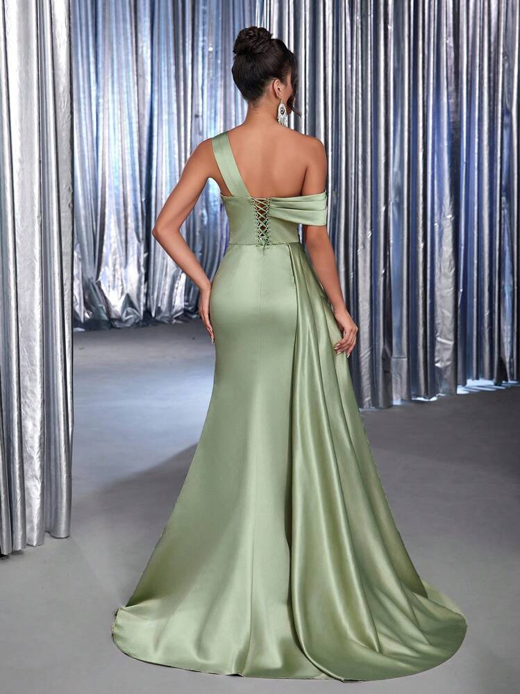 Glamrae Elegant & Luxurious Olive Green Sleeveless Backless Beaded Embroidered Satin Ruched Maxi Dress, Suitable For Weddings, Singles' Parties, Vacations, Balls, Formal Events (High-End Edition) - Green - View 3