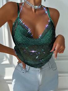 Zolique Top de camiseta con aplicación de red de diamantes de imitación para ropa de fiesta de vacaciones - Verde - Ver 5