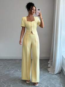 Elenzga Women's Short Sleeve Top And Pants 2 Pieces Set With Chain Decor