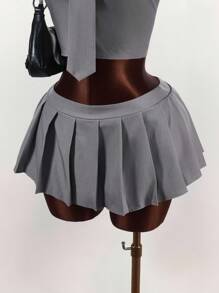 Amplova 女式性感纯色露背吊带上衣和百褶迷你裙两件套，夏季 - 灰色 - 查看 8