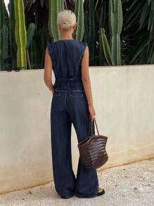 DAZY 女士休闲水洗不对称V领背心和阔腿牛仔裤套装度假装 - 深色水洗藍 - 查看 2