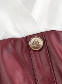 SHEIN MOD 女士长袖时尚酒红色PU衬衫裙，酒红色皮裙，返校季，派对装扮，职业装，万圣节服装，秋冬女装，正式礼服，复古风格服装，优雅服饰 - 酒紅色 - 查看 3