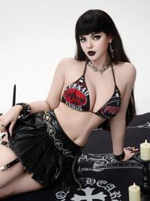 ROMWE Street Life Kalifornien Retro Hottie Buchstaben- und Nummern Muster mit Nieten Frauen Bralette Top, Sommer