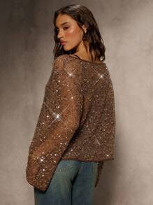 Aloruh Khaki Sequin Sheer Long Sleeve Top, Suitable For Party In Autumn,Fall - Khaki - View 2