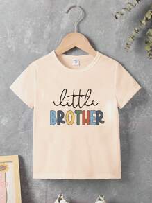 SHEIN Áo thun ngắn tay cơ bản in chữ, phong cách thường ngày dành cho bé trai - Màu be - Xem 3