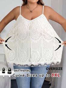 SHEIN CURVE+ 加大码女式花卉蕾丝宽松优雅吊带背心，女士假日服装，女士秋季服装，冬季，CURVE PLUS - 白色 - 查看 8
