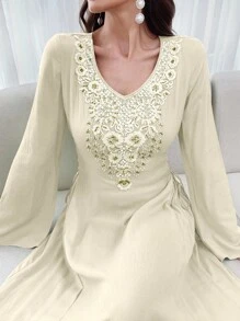 Al Najma 女式刺绣贴花交叉领带阿拉伯连衣裙，端庄 - 杏色 - 查看 6