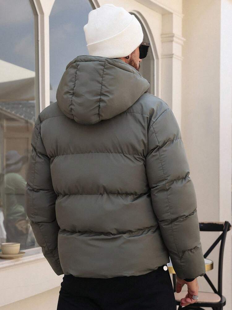 Men's Thick Padded Coat With Letter Print, Hooded, Drawstring, Warm For Winter, Deep Grey Jacket