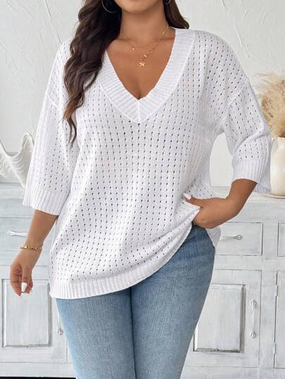 EMERY ROSE Plus Size Hollow Out V-Neck Casual Vacation Knit Pullover Sweater Knit Pullover Fall Winter