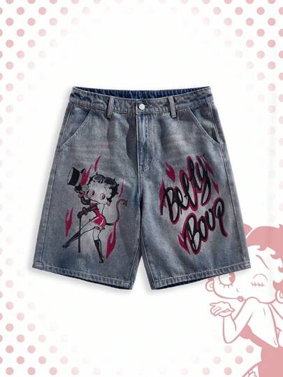 Betty Boop | ROMWE Pantalones cortos de denim con gráfico de letra y figura de dibujos animados para hombres sin cinturón