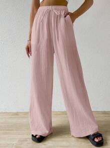 SHEIN EZwear 夏季纯色纹理褶皱面料宽松抽绳腰系带纯棉休闲度假阔腿裤，加大码 - 淺粉色 - 查看 3