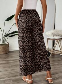 SHEIN LUNE 女装休闲时尚街头豹纹打结松紧腰宽松阔腿九分裤适合出门豹纹裤女阔腿裤夏季阔腿裤豹纹裤动物纹裤女豹纹阔腿裤女阔腿裤秋装冬装