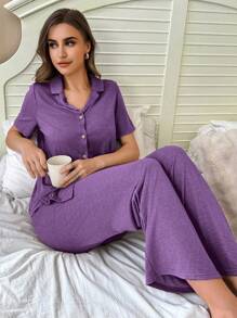 SHEIN 柔软亲肤纽扣开合上衣和裤子时尚家居睡衣套装 - 紫色 - 查看 3