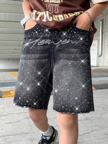 SHEIN 青少年男孩时尚休闲 Y2k 复古酷炫闪亮字母水钻设计黑色宽松牛仔短裤，柔软舒适，适合日常穿着，也适合秋冬季返校、返校节、锐舞派对、海滩街头穿着。闪亮水钻短裤，闪耀牛仔短裤。 - 黑色 - 查看 2