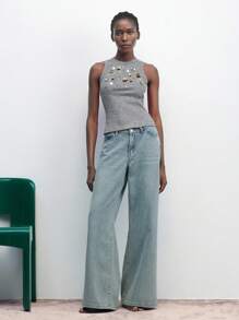 Maija 女士时尚百搭圆领金属 3D 花朵装饰无袖背心，夏季、乡村音乐会、街头女装、风格、时尚、俱乐部、女士教师