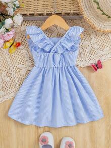 SHEIN Vintaside Kids Baby/Toddler Girl Striped Print Bowknot Front Ruffle Hem Short Sleeve Pink Dress, Casual Versatile Fashion Infant OOTD Dress, Spring/Summer - Blue and White - View 2