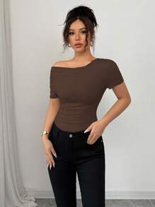 Selianne Elegant Draped Neck Asymmetric Ruffle Short Sleeve T-Shirt, Summer - Coffee Brown - View 4