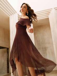 Anewsta Women's Shiny Wavy Ruffle Knit One-Shoulder Dress - Brown - View 3