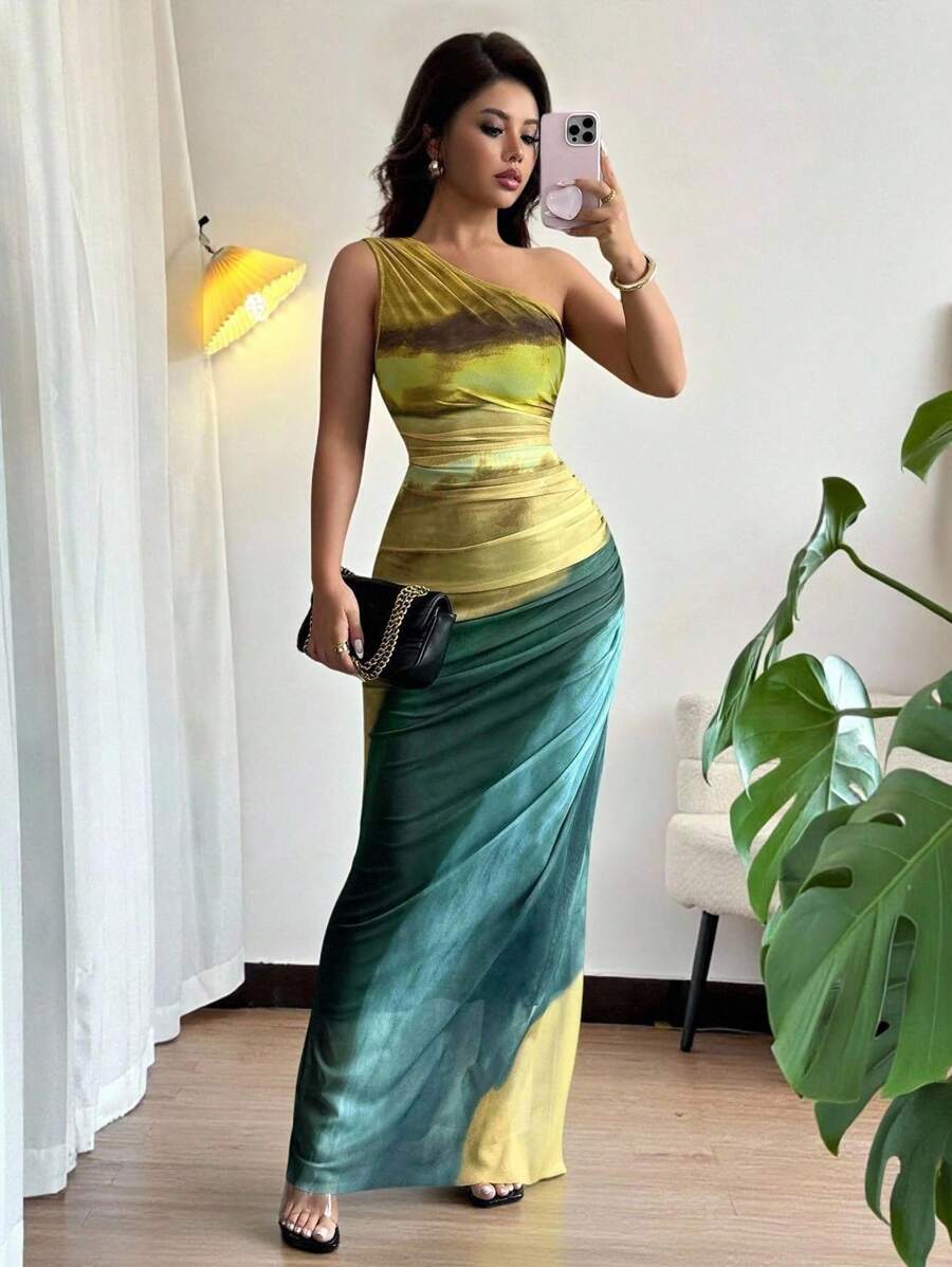 Rafferiza Graduated Color High Slit Asymmetric Collar Ruched Tulle Dress Maxi Women Outfit Summer Dress - Light Yellow - View 1