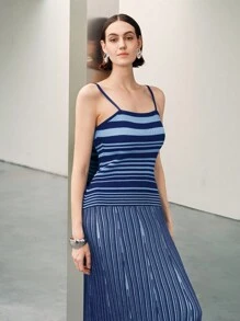 Elenzga Women's Casual Everyday Contrast Stripe Pattern Sleeveless Knit Dress, Summer Knitted Sweater - Blue - View 5