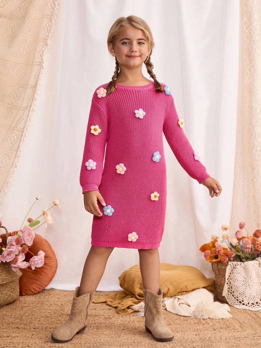 Blossori Young Girls' French Elegant 3D Floral Crew Neck Long Sleeve Knit Dress Girls Sweater Dress Girl Long Sleeve Dress Kids Pink Dress Girls Floral Dress,In Fall/Winter