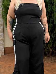 magalhaesca Plus Size Fashionable Jumpsuit, Suitable For Back To School, Outing, Campus Style, Daily Wear, Contrast Striped Patchwork Large Pocket Design, Stylish And Likable - Black - View 5