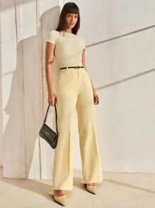 CLARA VERO Quần âu ống rộng thắt lưng họa tiết đường may màu vàng bơ thanh lịch dành cho nữ - Màu vàng - Xem 1