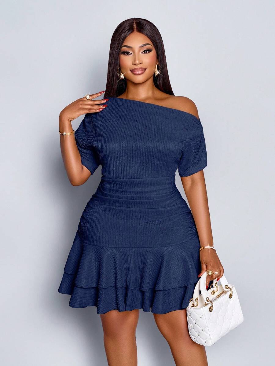 SOLERSUN 女士优雅派对日间杏色针织不对称领口长袖褶皱双褶迷你连衣裙 - 藏蓝色 - 查看 1