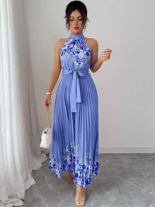 Elenzga 女式夏季优雅花卉宽松露背连衣裙 - 寶藍色 - 查看 7