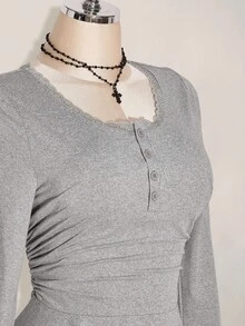 SHEIN ICON Casual All-Match Gray Lace Patchwork Slim Short-Sleeved A-Line Waist Pleated Slim Dress, Back To School Outfit, Y2k, College Style Grey Dress Women Casual Dress Collared Dress Lace Trim Dress Long Sleeve Dress - Grey - View 5