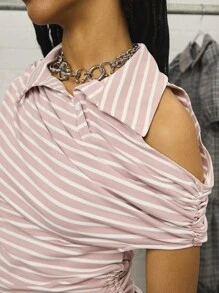 COUREZ Short Sleeve Striped Asymmetric Neck Top/Y2K Cute Tops Going Out - Baby Pink - View 6