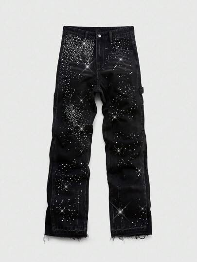 Street Life بنطال جينز رجالي موضة بتطريز من الراينستون وقصة ساق مستقيمة