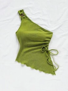 Soleia 女士夏季度假米色针织提花纹理单肩修身下摆开衩抽绳褶饰吊带背心，适合派对、约会、情人节、复活节、狂欢节、下午茶、海滩、游轮、城市度假 - 綠色 - 查看 3