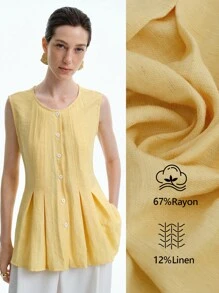 Aalyst 女士度假休闲优雅亚麻无袖纽扣领衬衫，奶油黄色，适合夏季、毕业典礼、独立日 - 芥末黃 - 查看 3