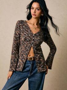 Poéselle Long-Sleeved Knit Top With Front Slits,Abstract Rib-Knit Asymmetric Button Front Top | Long-Sleeve V-Neck Knit Blouse,Asymmetric Button Top, Y2K Knit Top, Abstract Print Blouse, Rib Knit Top, Fall Layering Top,Women's Casual Commuter Mixed Fabric Front Button Blouse,Simple And Fashionable, Old Money Style, Suitable For Daily Wear, Going Out, Commuting, Dating, Home, Vacation And Other Occasions.Fall Women Clothes ,Poeselle - Multicolor - View 5