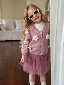 SHEIN Young Girl Cute Floral  /Flowers 3D Knit Long Sleeve Cardigan, Autumn Winter, Daisy Cardigan Kids, Pink,Mom And Daughter & Sisters  Matching. Pink Cardigan With Flowers Fall - Pink - View 4