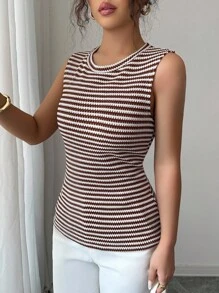 Elenzga 女式休闲条纹修身背心，夏季 - 卡其色 - 查看 4