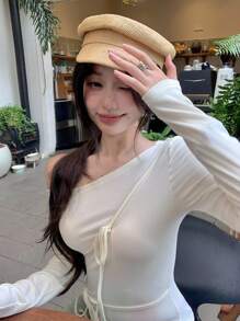 DAZY 女士休闲纯色不对称领带T恤长袖女式上衣