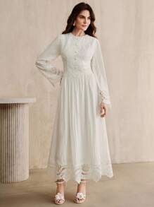 Anewsta 女装秋季温柔风白色修身显瘦重工白色长袖连衣裙 - 白色 - 查看 6