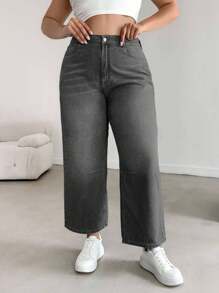 EURMUSE 大码弹性腰部膝盖褶皱直筒牛仔裤 - 淺灰色 - 查看 2