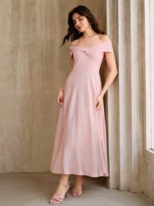 Anewsta Váy hở vai màu hồng quyến rũ thanh lịch, thích hợp cho đám cưới, tốt nghiệp - Hồng - Xem 6