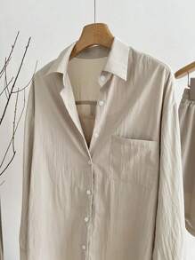 SHEIN Women 3pcs Set: Solid Drop Shoulder Loose Long Sleeve Shirt, Cami Top And Drawstring Waist Shorts, Spring/Summer - Multicolor - View 3