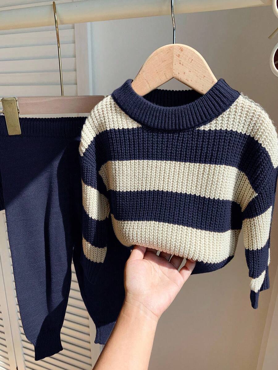 SHEIN 2pcs Baby Boy/Girl Navy And White Striped Sweater And Pants Set,Vintage British Style Raglan Outfit For Matching Family,Modest Casual Autumn Clothes - Multicolor - View 1