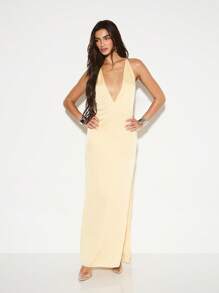 KIZN Elegante vestido de noche largo con espalda descubierta para invitada de boda, con cuello halter, escote en V profundo, largo hasta el suelo, abertura en la pierna, tirantes anudados y cintura recogida - Amarillo - Ver 1