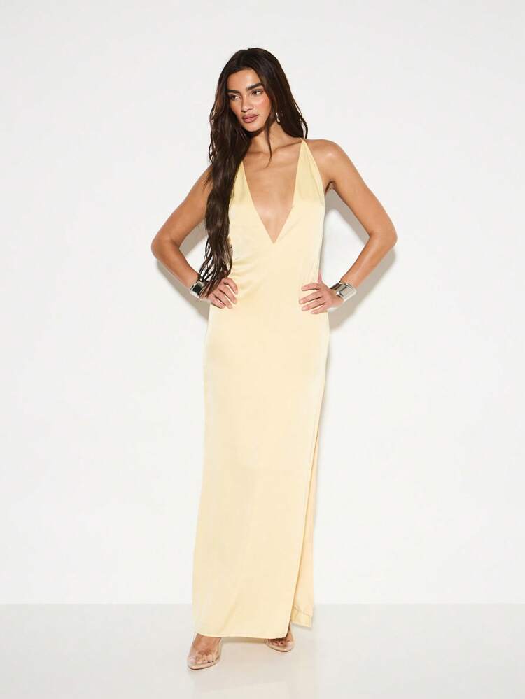 KIZN Floor Length Halter Neck Maxi Dress With Split
